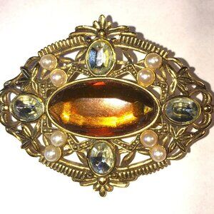 AVON FILIGREE FANTASY PIN PENDANT AMBER PEARLS CRYSTALS 1995